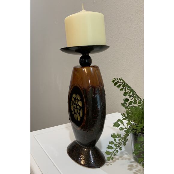 Feng Shui Pillar Candle Holder Wrought Iron Poured Glaze Abalone Shell Inlay - Picture 2 of 8